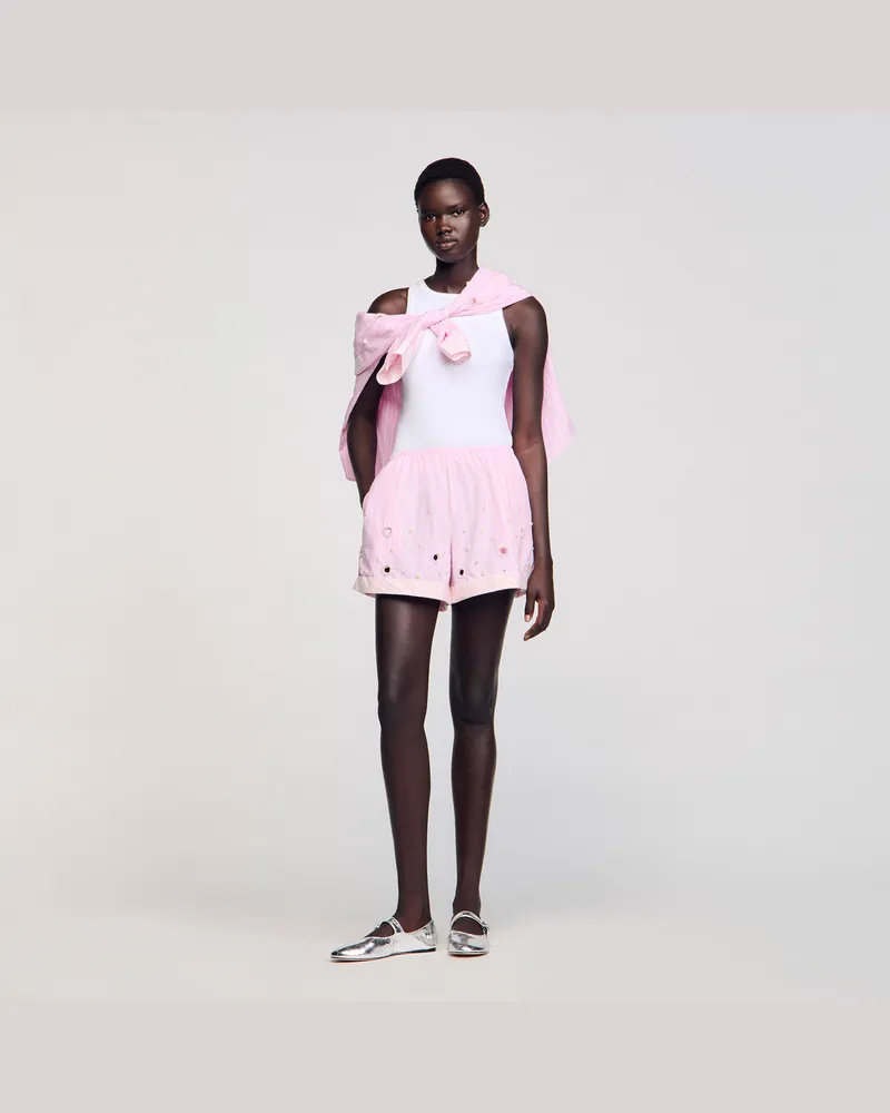Sandro Gestreifte Shorts mit Strassbesatz Rosa
