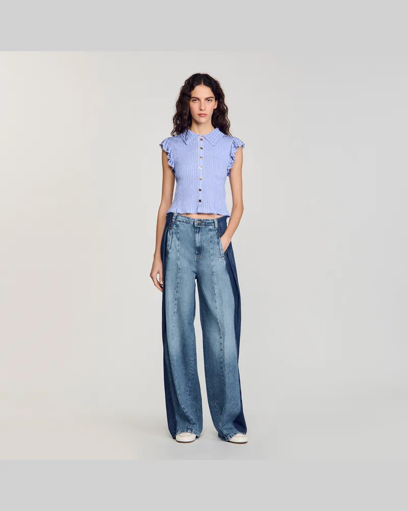 Sandro Gesmoktes Streifen-T-Shirt Himmel-blau