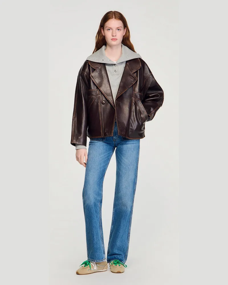 Sandro Oversize-Lederjacke Braun
