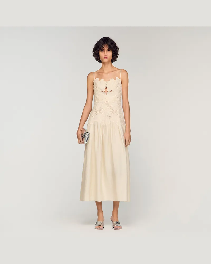 Sandro Langes Kleid mit Gipüre Ecru
