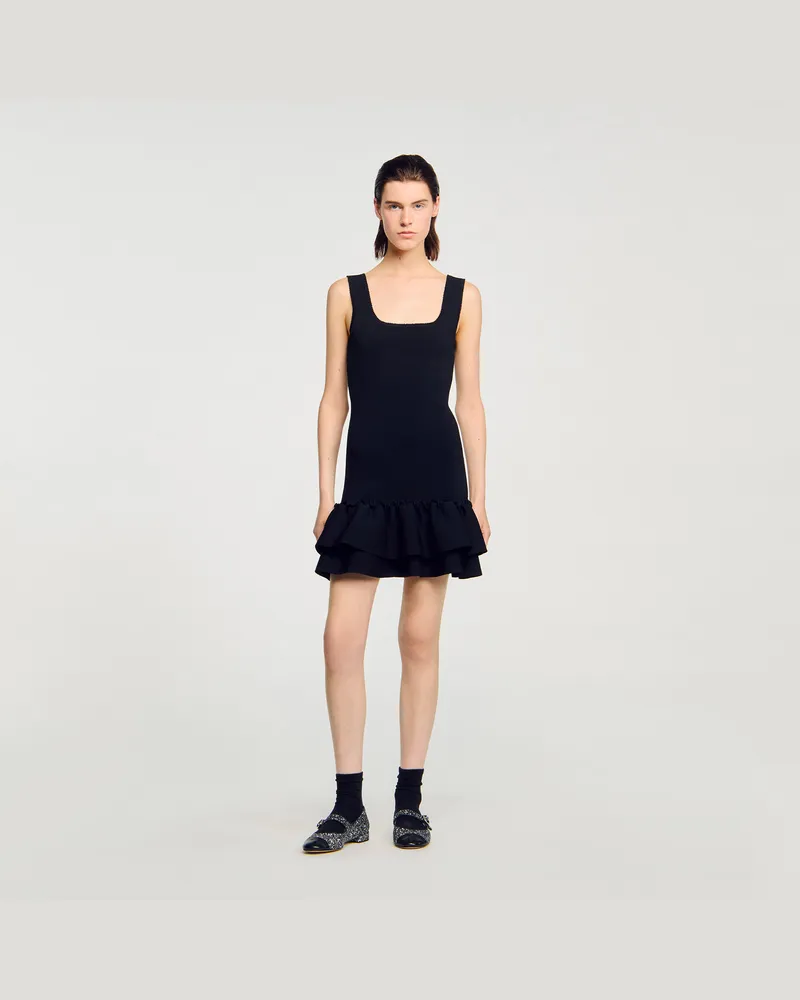 Sandro Kurzes Strickkleid mit Volant Schwarz