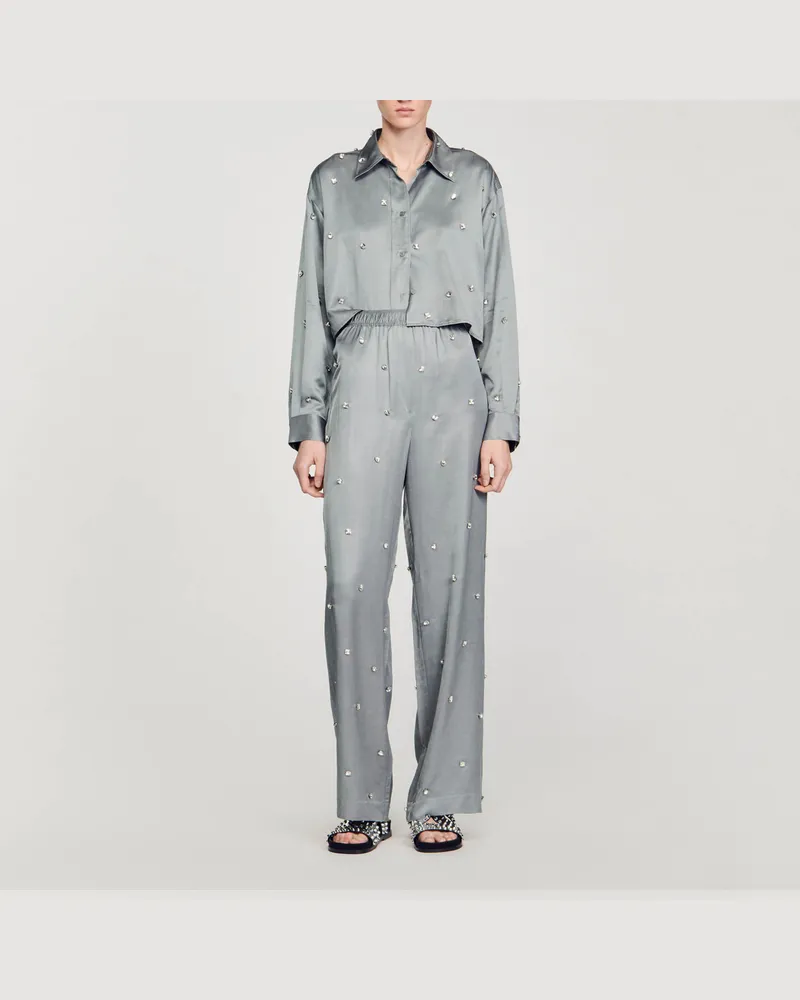Sandro Satinhemd mit Strass-Verzierung Grau