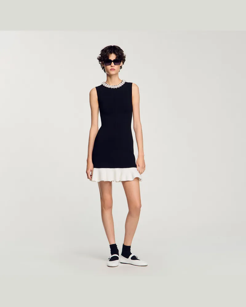 Sandro Kurzes Strickkleid mit Perlenkragen Schwarz