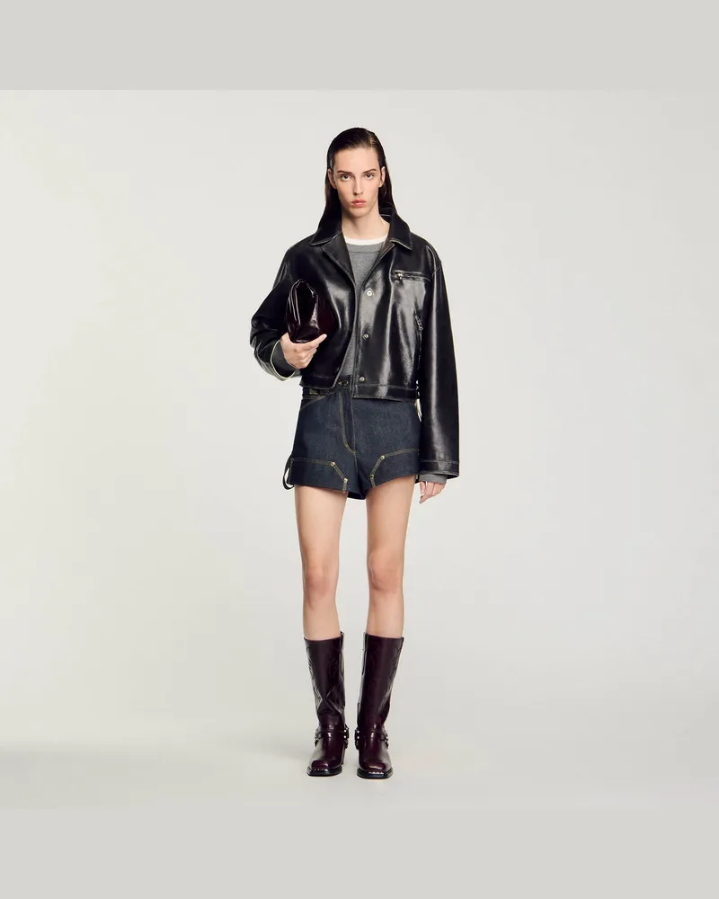Sandro Blouson aus Leder im Vintage-Stil Schwarz