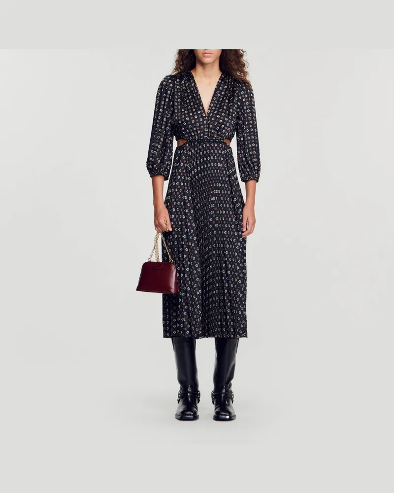 Sandro Langes plissiertes Kleid mit Print Schwarz