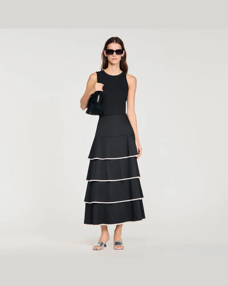 Sandro Langer Rock mit Strass und Volants Schwarz