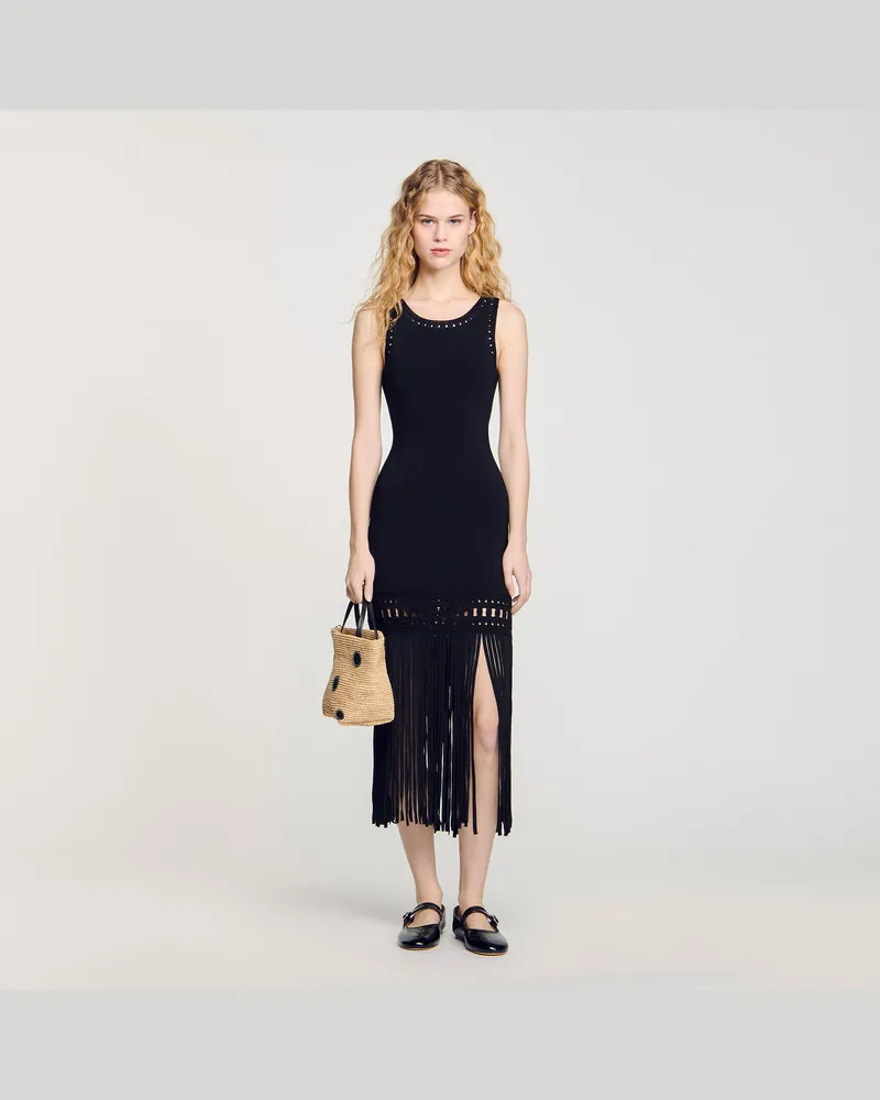 Sandro Strickkleid mit Fransen Schwarz