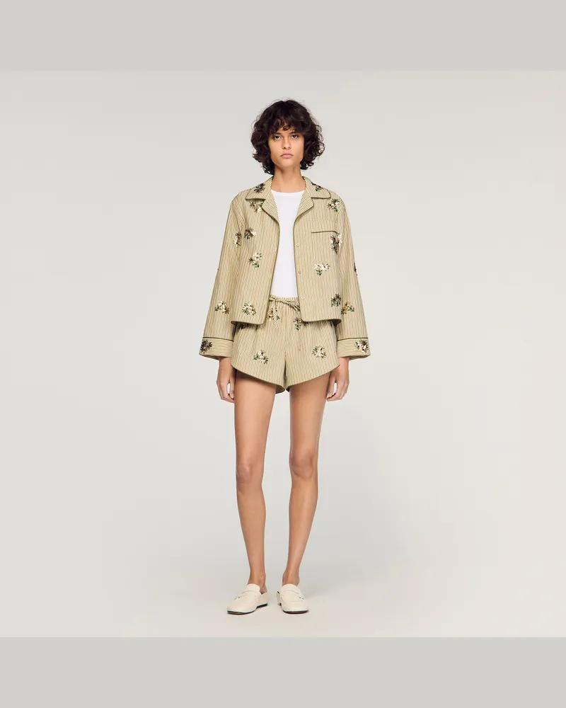 Sandro Gestreifte Shorts, Blumenstickerei Khaki