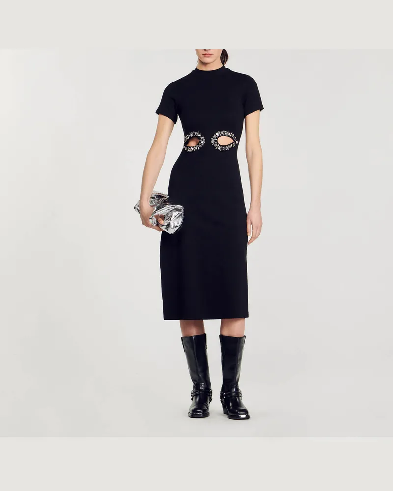 Sandro Midikleid mit Cut-outs mit Strass Schwarz