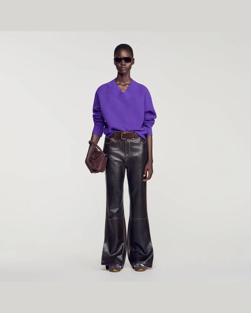 Sandro Gerippter Woll-Kaschmir-Pullover Violett