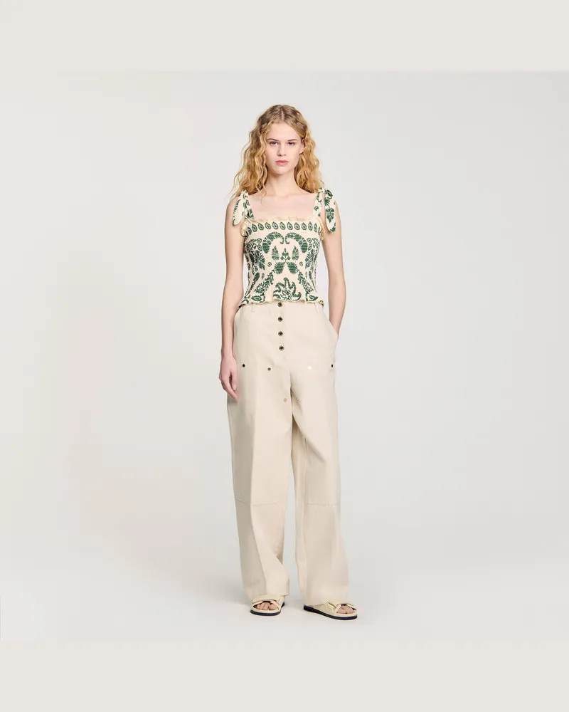Sandro Gesmoktes Top mit Blumenprint Ecru