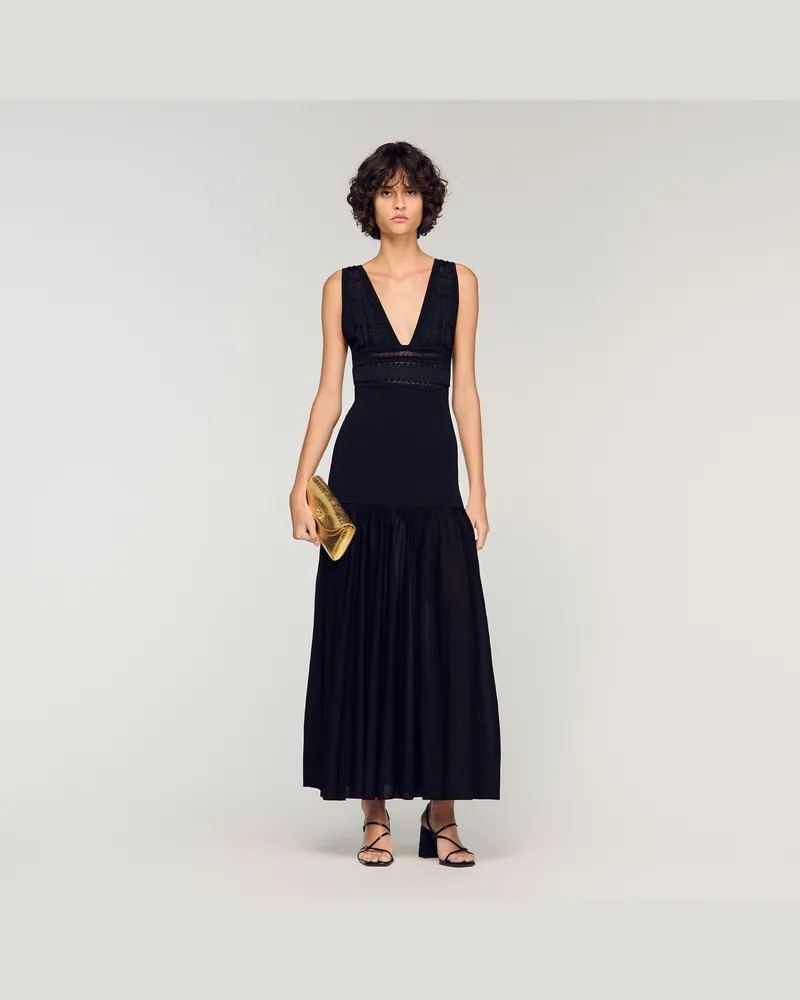 Sandro Langes Strickkleid mit Volants Schwarz