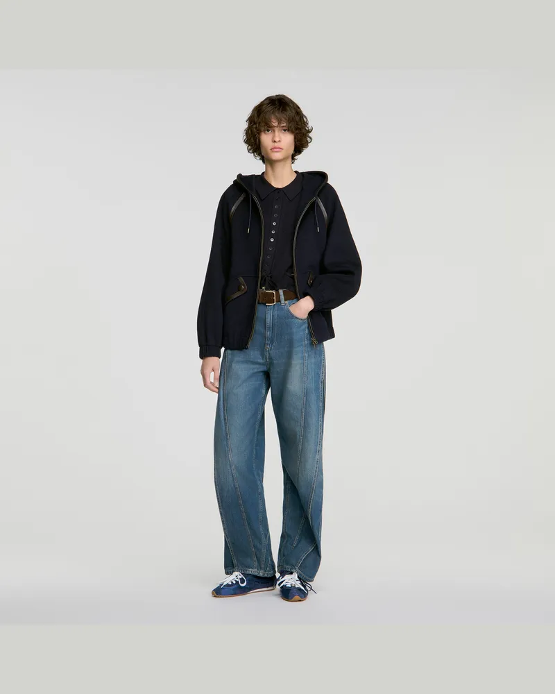 Sandro Kapuzenmantel aus Wolle und Leder Marine