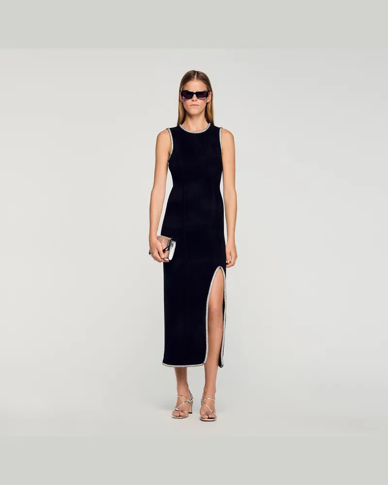 Sandro Langes Kleid mit Strass und Schlitz Schwarz