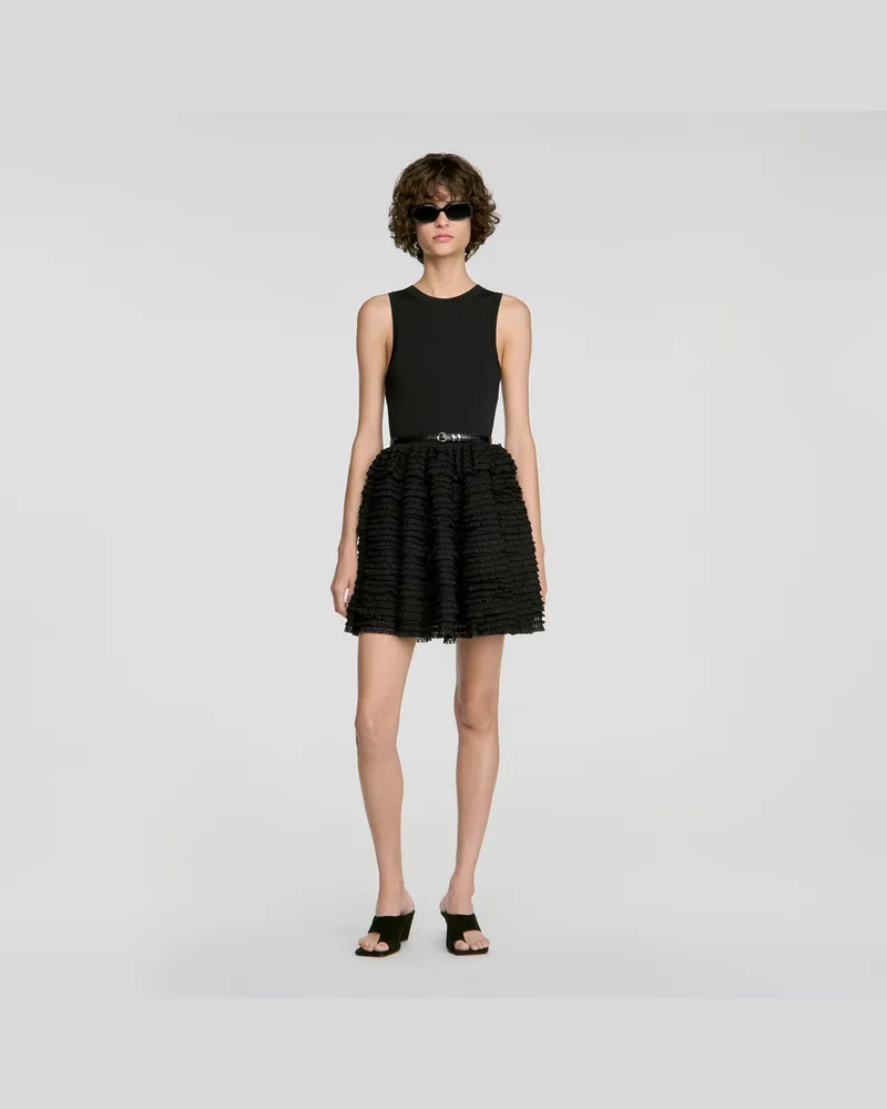 Sandro Kurzes Spitzenkleid mit Volants Schwarz