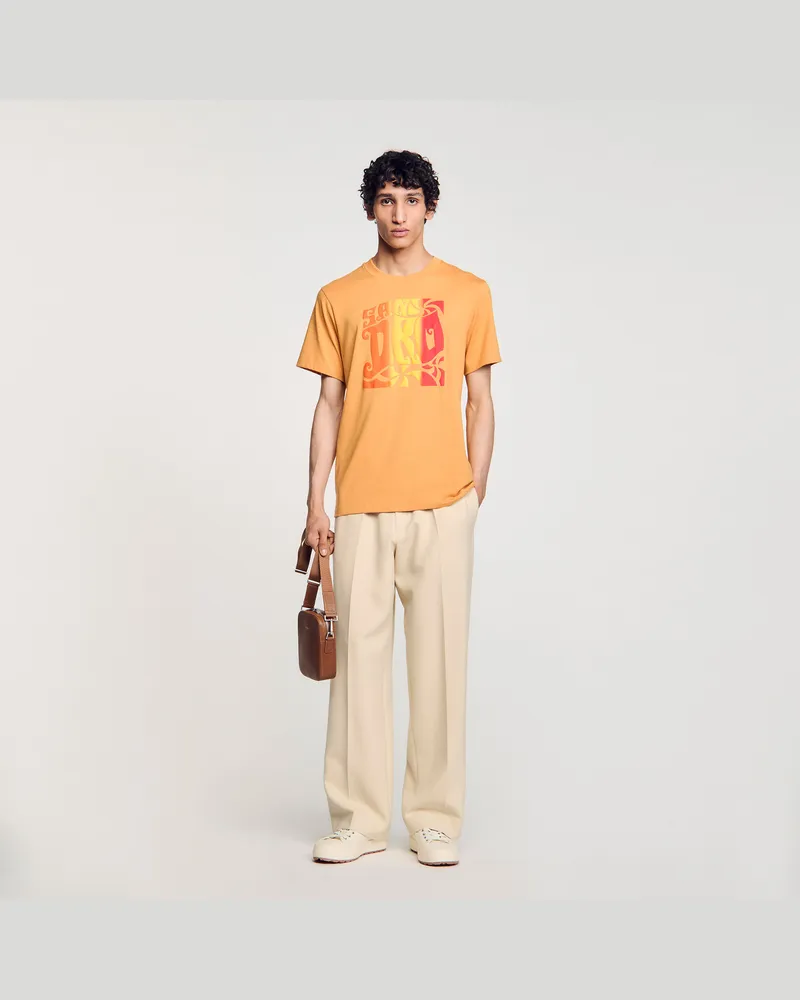 Sandro Baumwoll-T-Shirt mit Wellenmuster Mandarine.