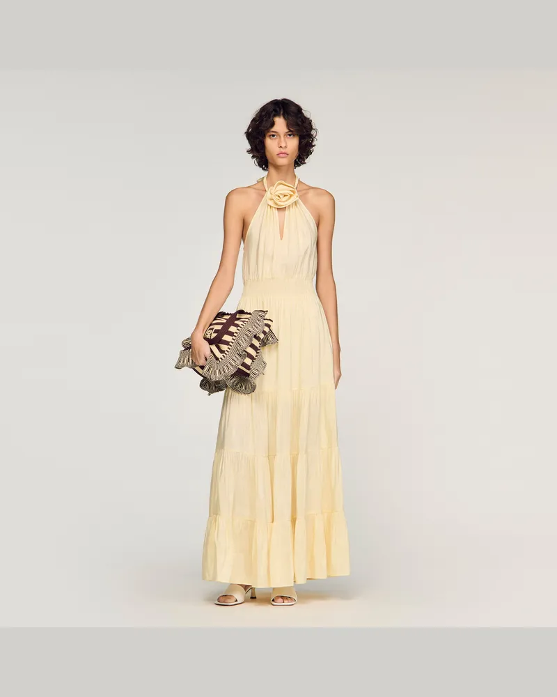 Sandro Langes Leinenkleid mit floralem Detail Vanille
