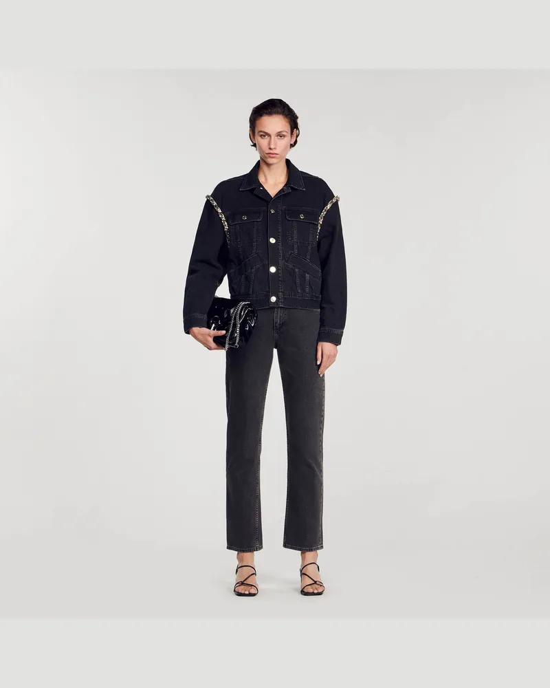 Sandro Oversize-Jeansjacke mit Strass Schwarz