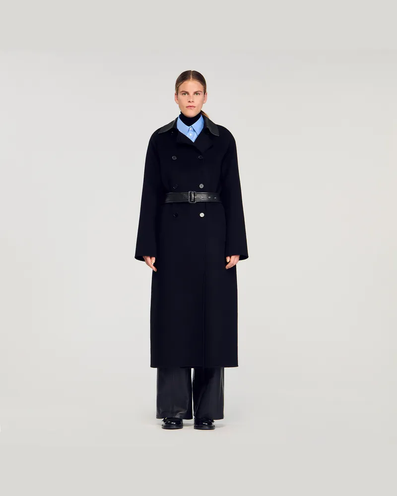 Sandro Langer Mantel aus Wolle und Leder Schwarz