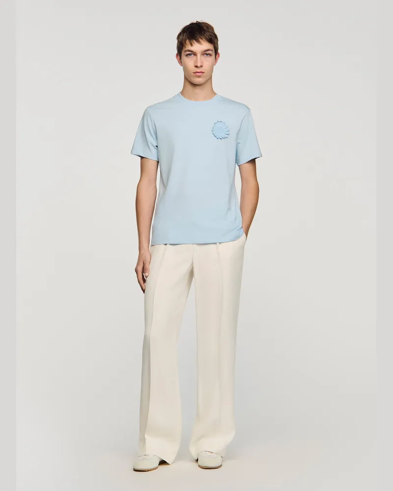 Sandro Baumwoll-T-Shirt mit Häkelblume Himmel-blau