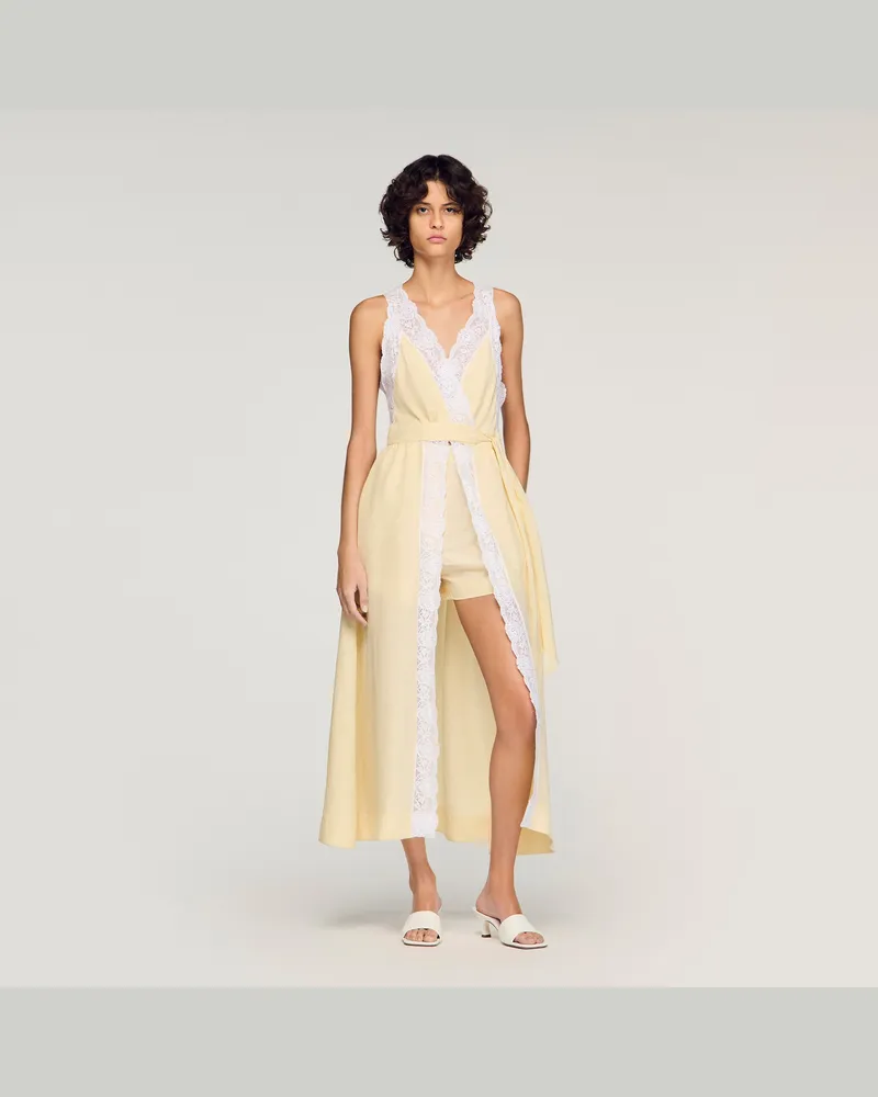 Sandro Langes Leinenkleid mit Borte Vanille