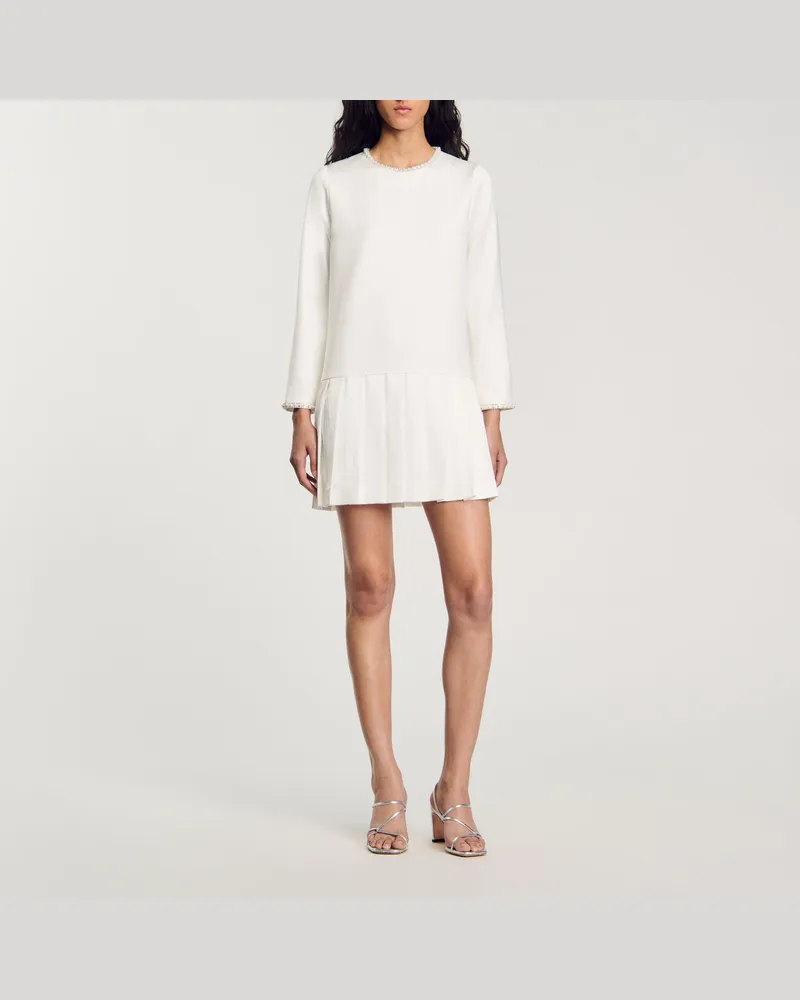 Sandro Kurzes Satinkleid mit Perlen Ecru