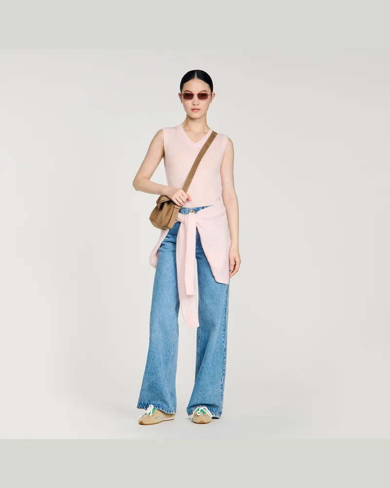 Sandro Kurzer Woll-Kaschmir-Pulli bestickt Blass-rosa