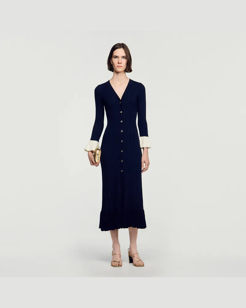 Sandro Langes zweifarbiges Strickkleid Marine