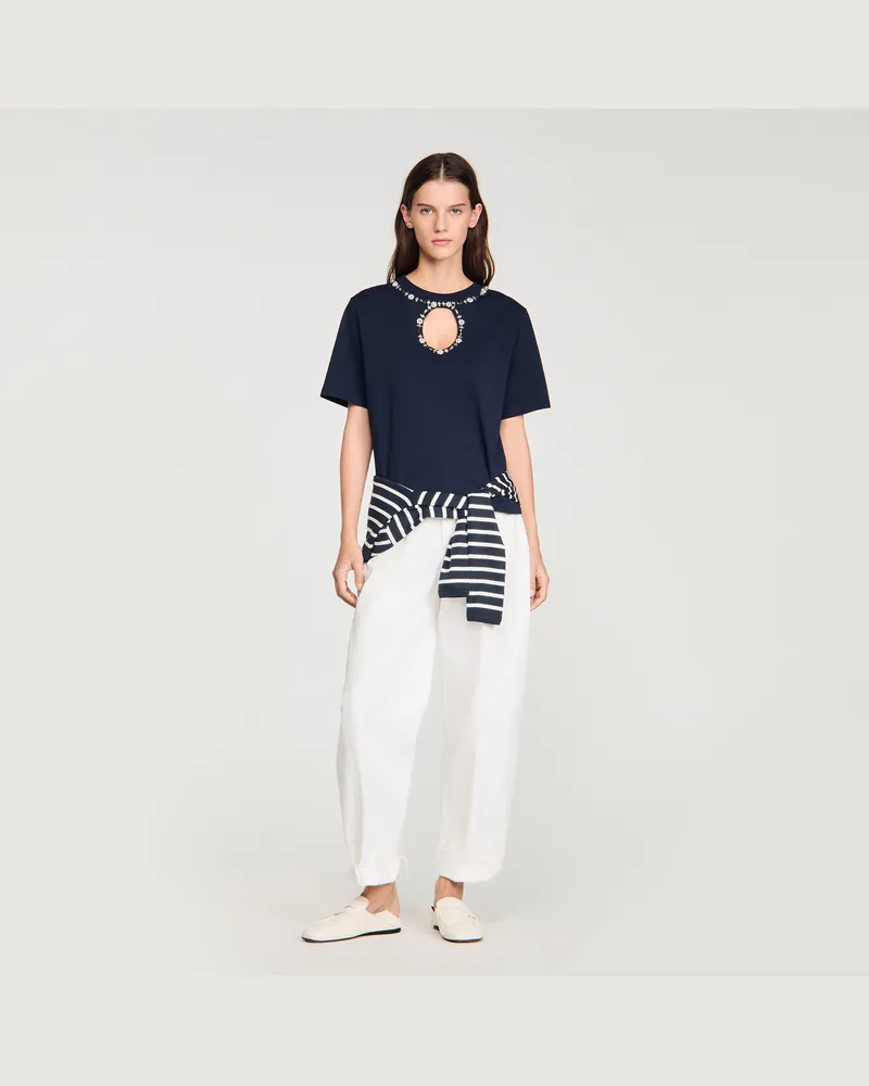 Sandro Durchbrochenes T-Shirt mit Strass Marine