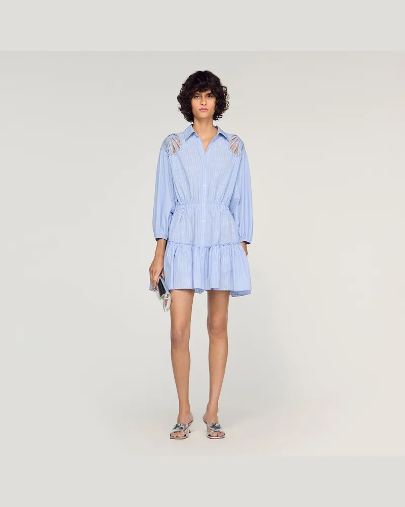 Sandro Kurzes Baumwollkleid mit Streifen Himmel-blau