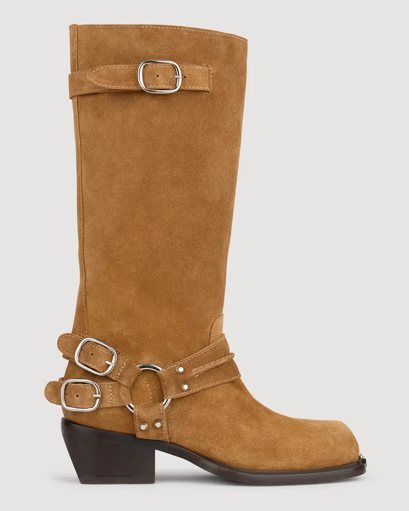 Sandro Lederstiefel mit Schnallen Kamel