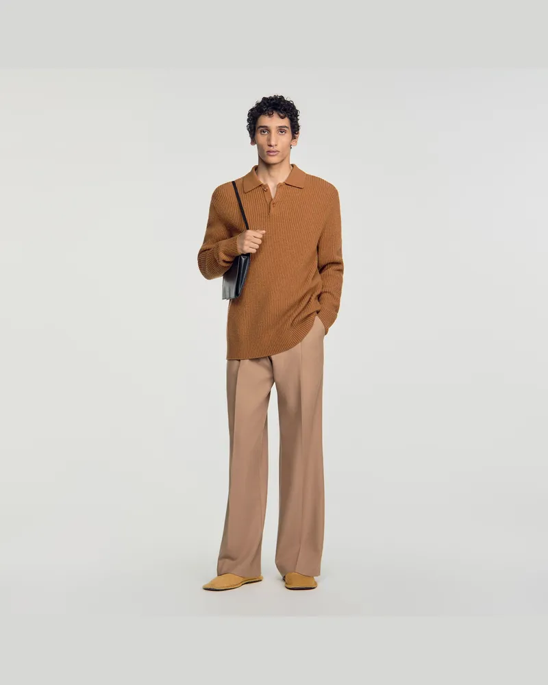 Sandro Poloshirt aus Woll-Rippstrick Brun