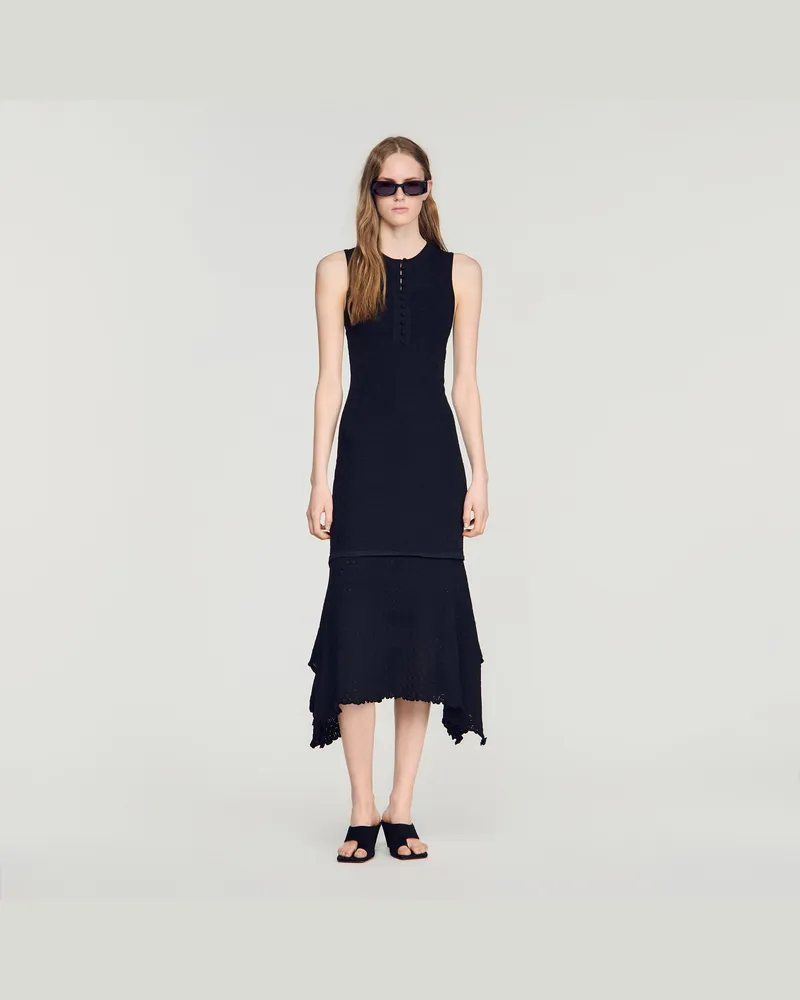Sandro Gemustertes Pointelle-Kleid Schwarz