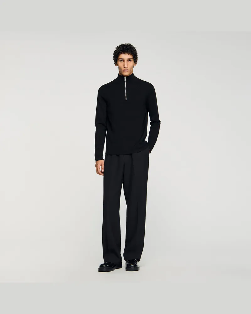 Sandro Wollpullover mit Zip-Stehkragen Schwarz