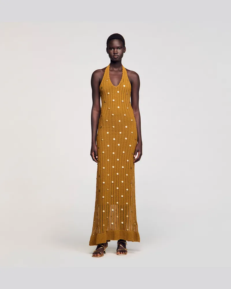 Sandro Langes Strickkleid mit Quasten Oliv