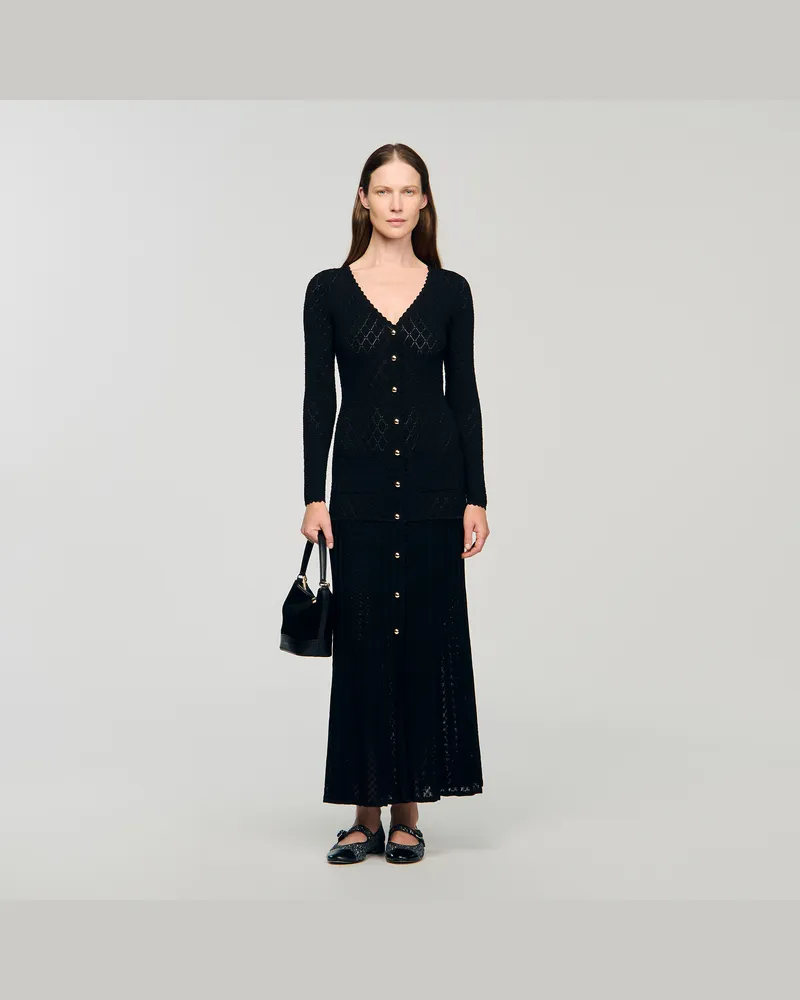 Sandro Langes Strickkleid mit Ziermuster Schwarz