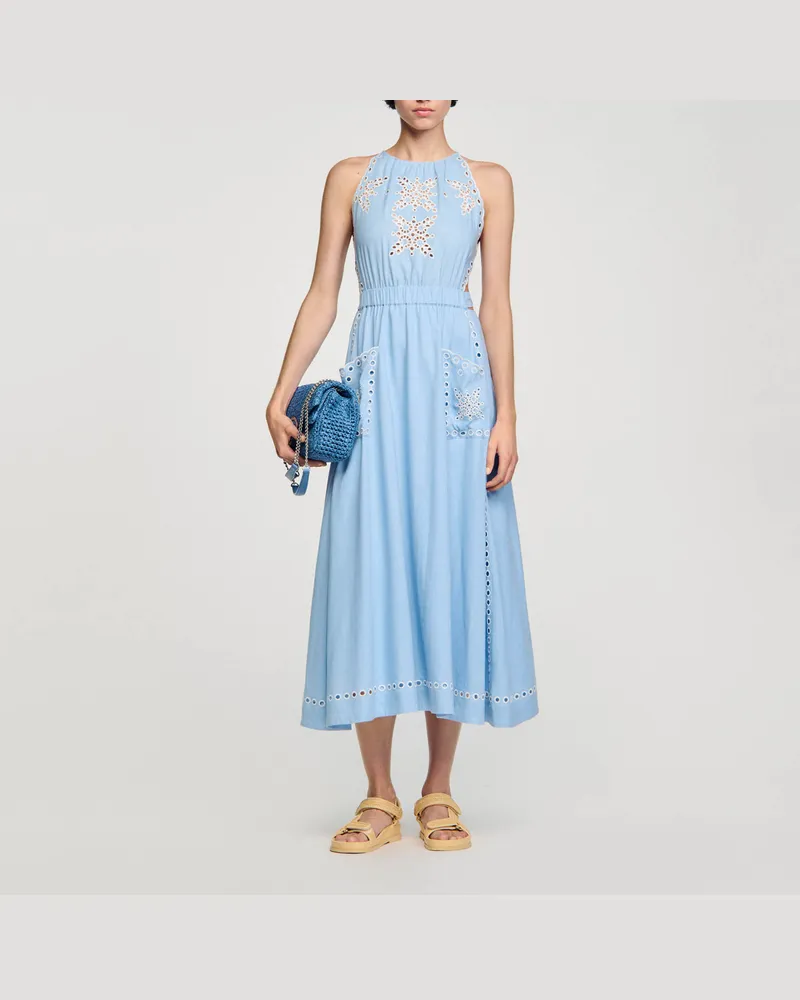 Sandro Langes Kleid mit englischen Stickereien Himmel-blau