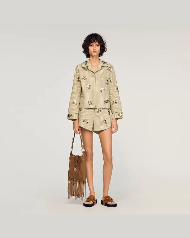 Sandro Gestreiftes Hemd mit Blumenstick Khaki