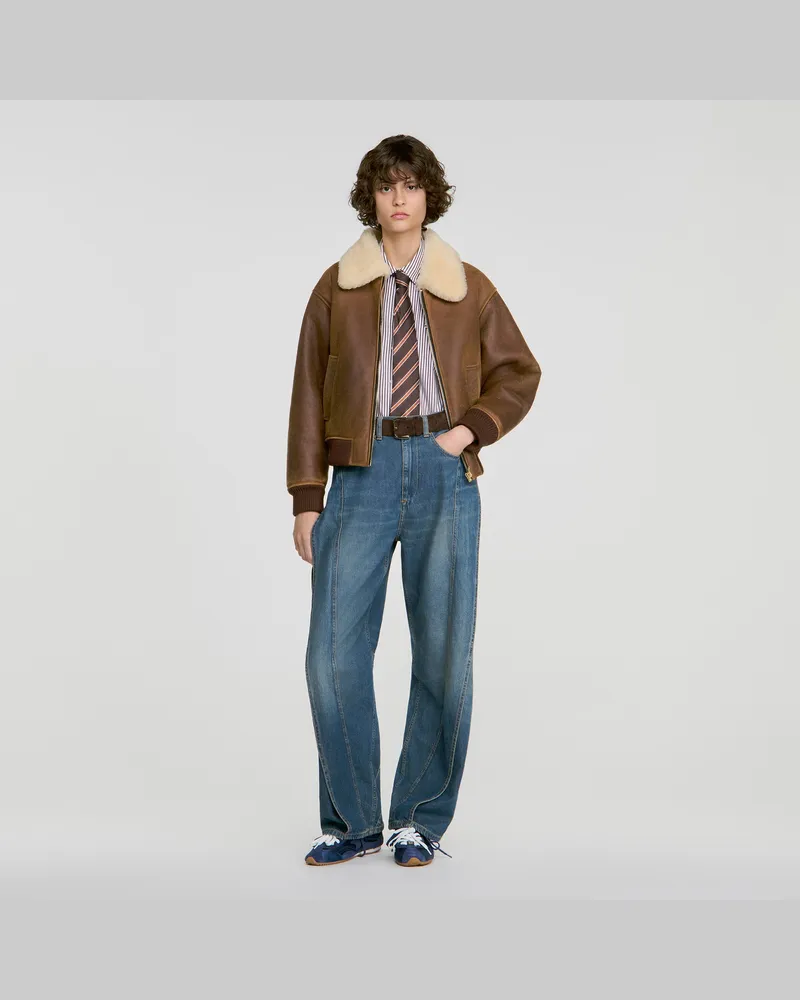 Sandro Lammfellblouson mit Reißverschluss Braun