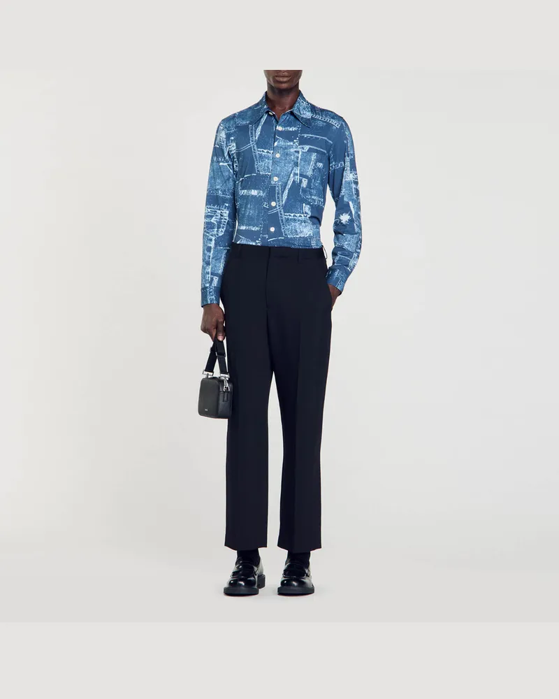 Sandro Baumwollhemd mit Patchwork-Druckmuster Blau
