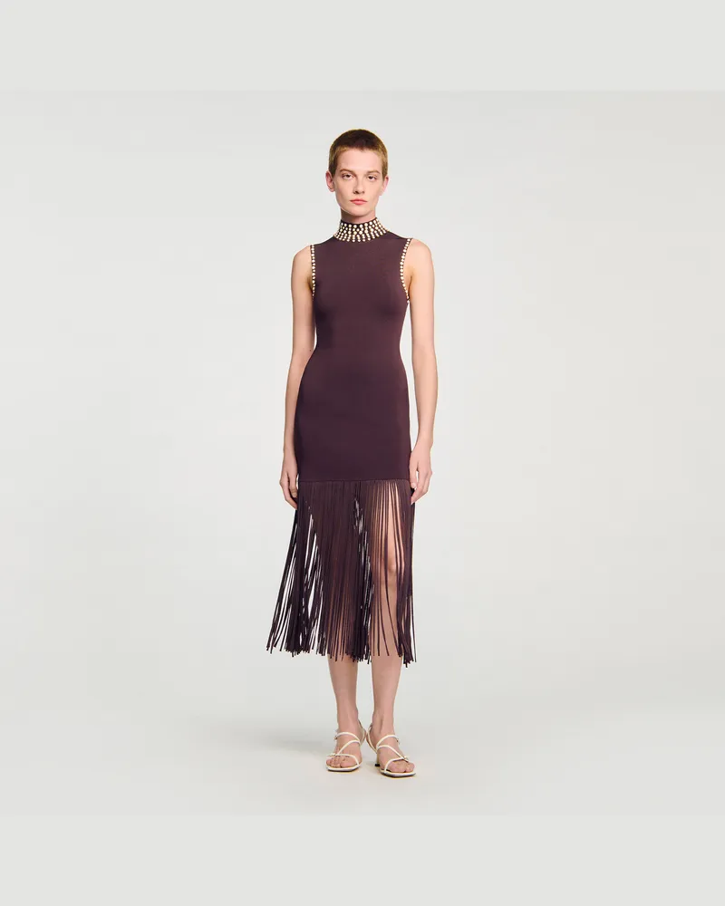 Sandro Langes Strickkleid mit Fransen Braun
