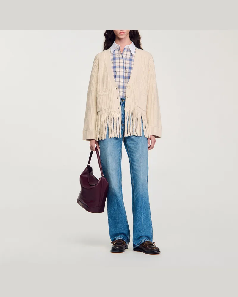 Sandro Strickcardigan mit Fransen Ecru
