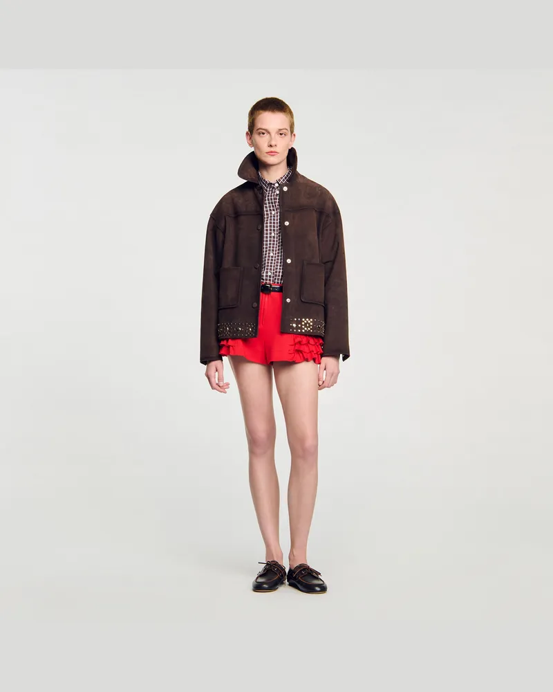 Sandro Velourslederjacke mit Nieten Braun