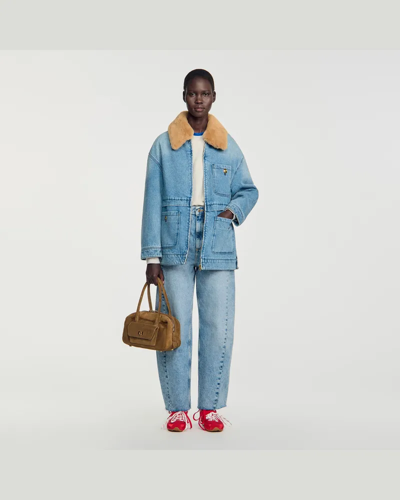 Sandro Jeansmantel mit Kunstfellkragen Jeansblau