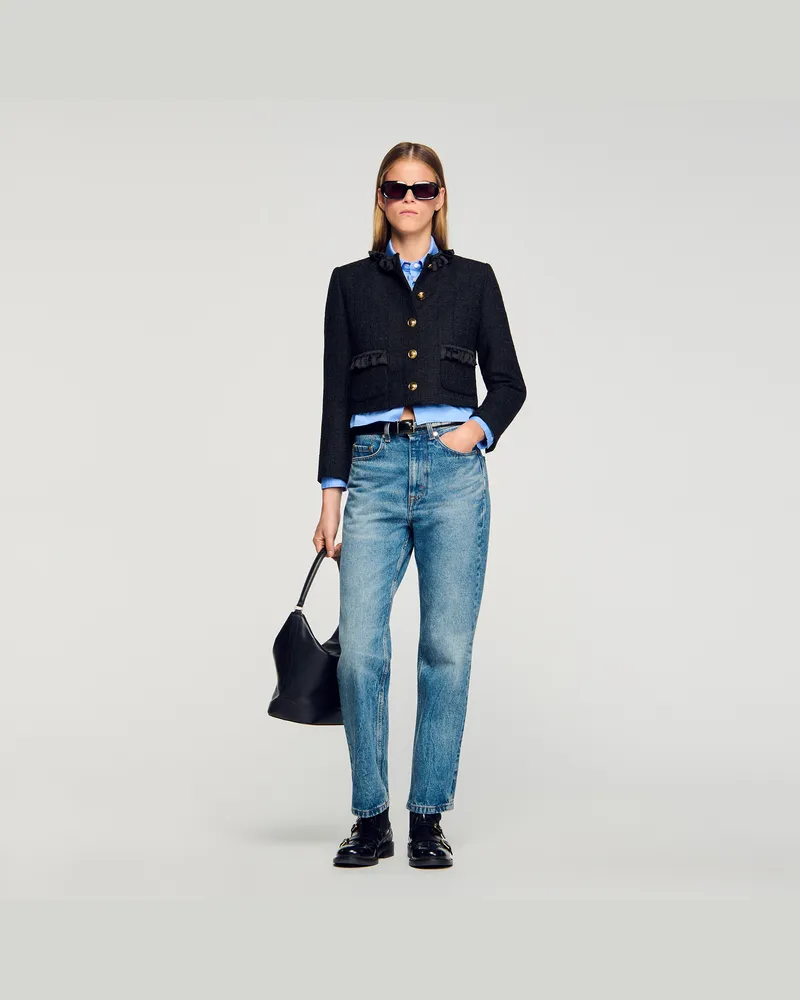 Sandro Tweed-Jacke mit Volants Schwarz
