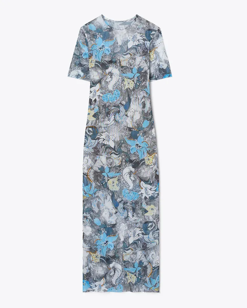 Tory Burch Printed Mesh T-Shirt Dress Blue