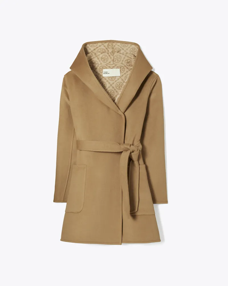 Tory Burch Damen Wollmantel mit Kapuze in Weiß Beige