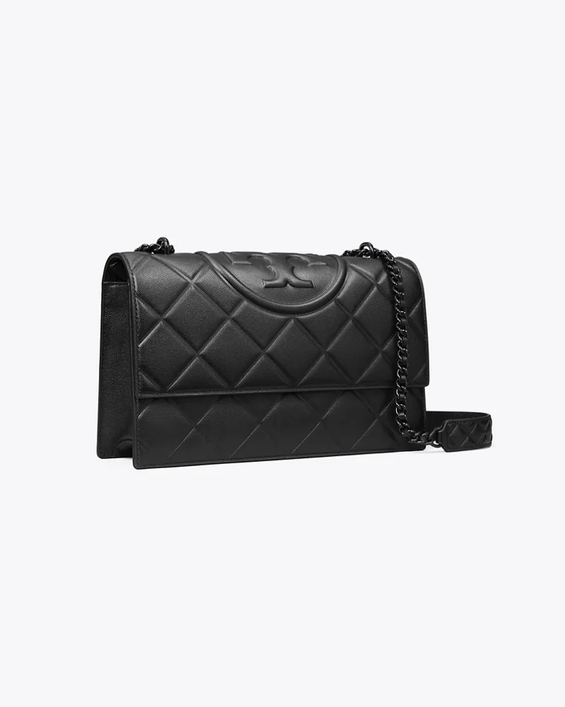 Tory Burch Damen Kleine, wandelbare Fleming Schultertasche aus poliertem Narbenleder Black