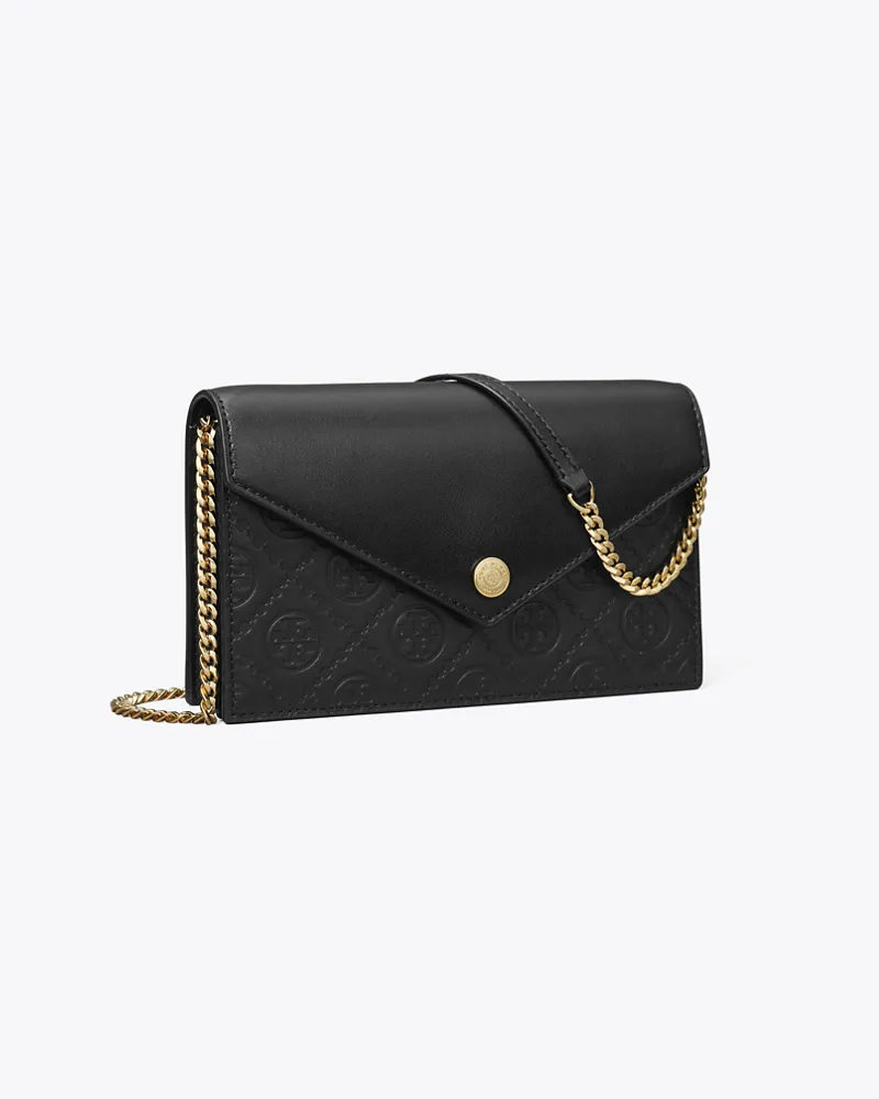 Tory Burch Damen Geldbörse im Kuvert-Stil aus Leder mit T-Monogramm und Kette Black