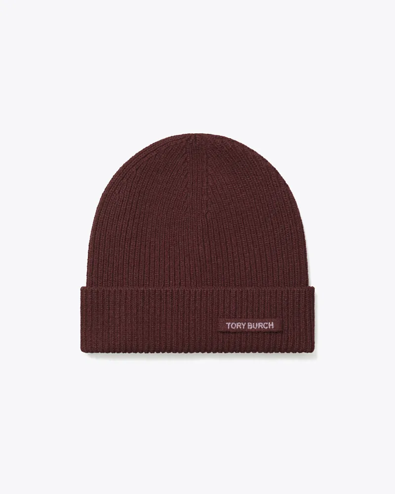 Tory Burch Damen Gerippte Strickmütze Burgundy
